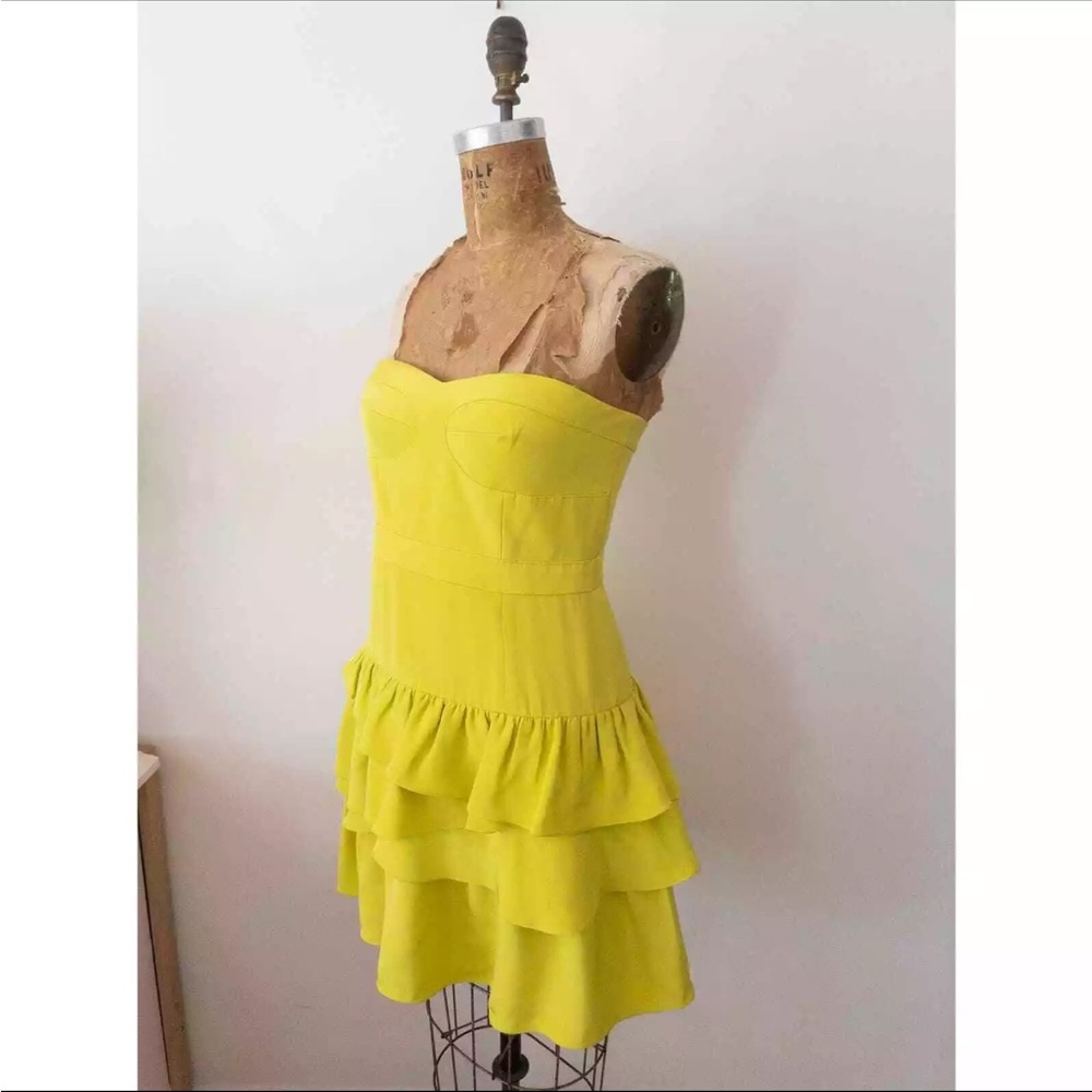 Anthropologie Ali Ro Ruffle Bustier Dress Neon Lime Green Yellow Women's Size 8